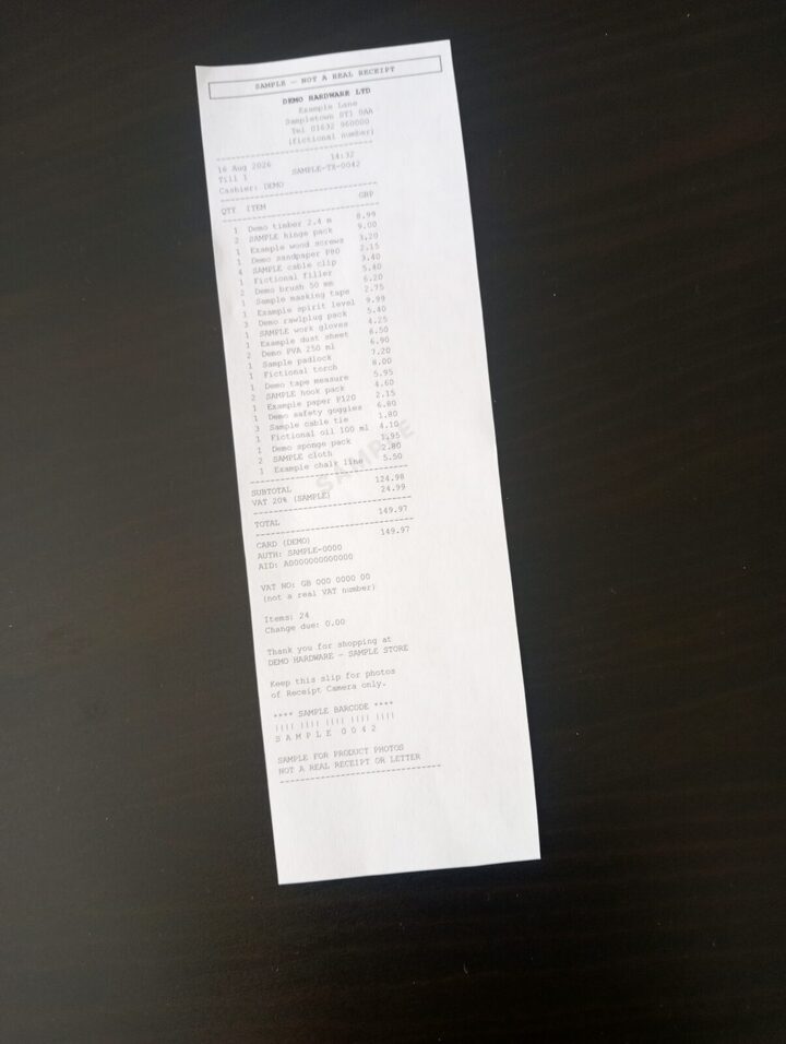 Sample till receipt on the dark mat