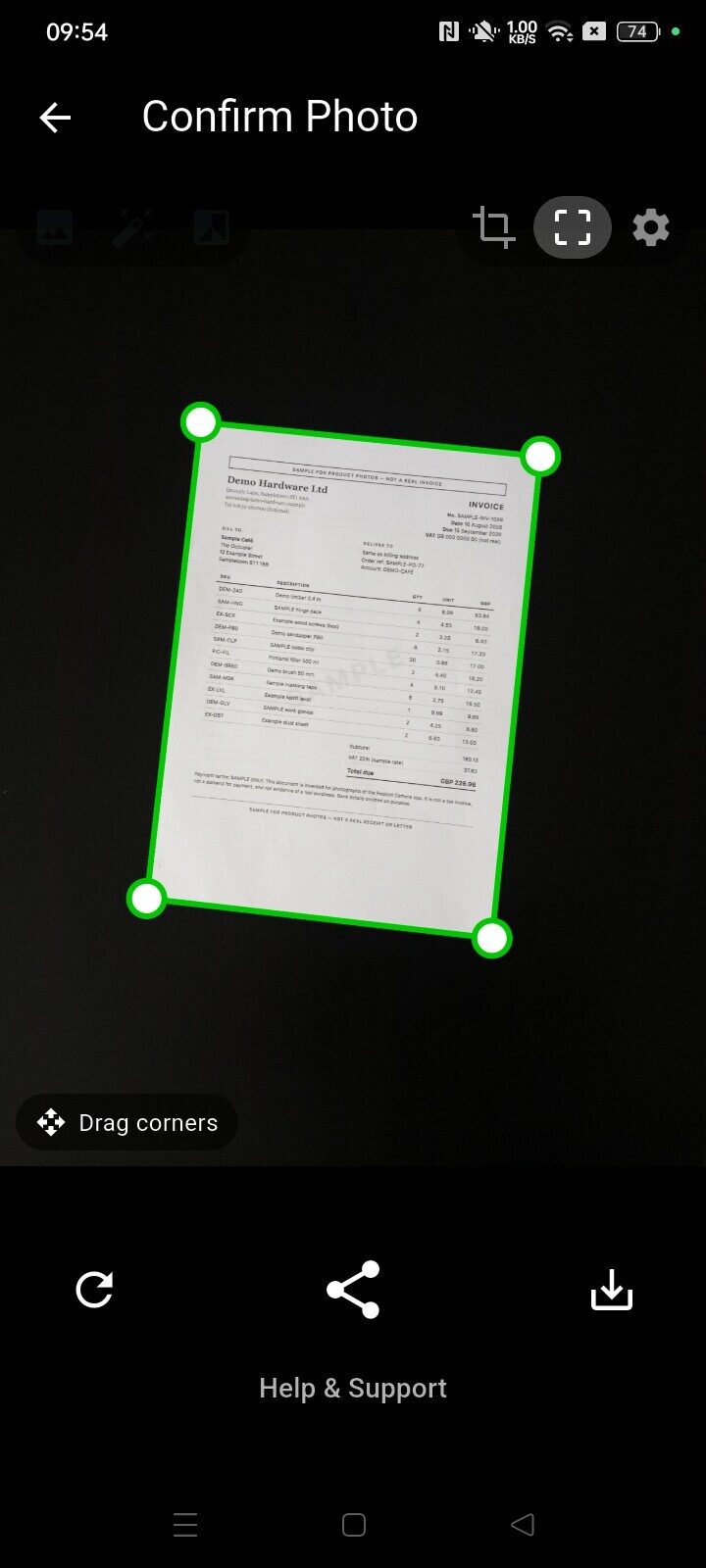 Confirm Photo with a green frame around the page