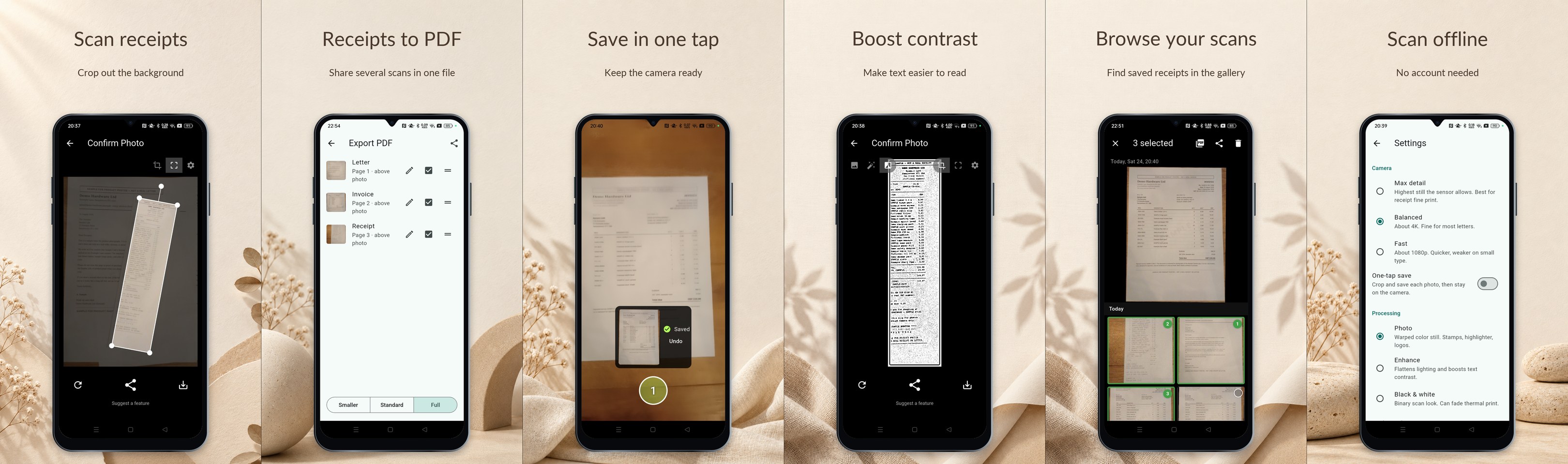 Six app screens: crop a receipt, export a PDF, save in one tap, enhance contrast, browse the gallery and scan offline